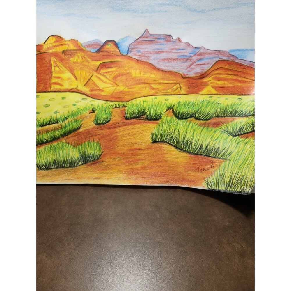 Hand Crafted Dessert Mountain Landscape Colored Pencil Drawing Framed 9x11" - Picture 15 of 16